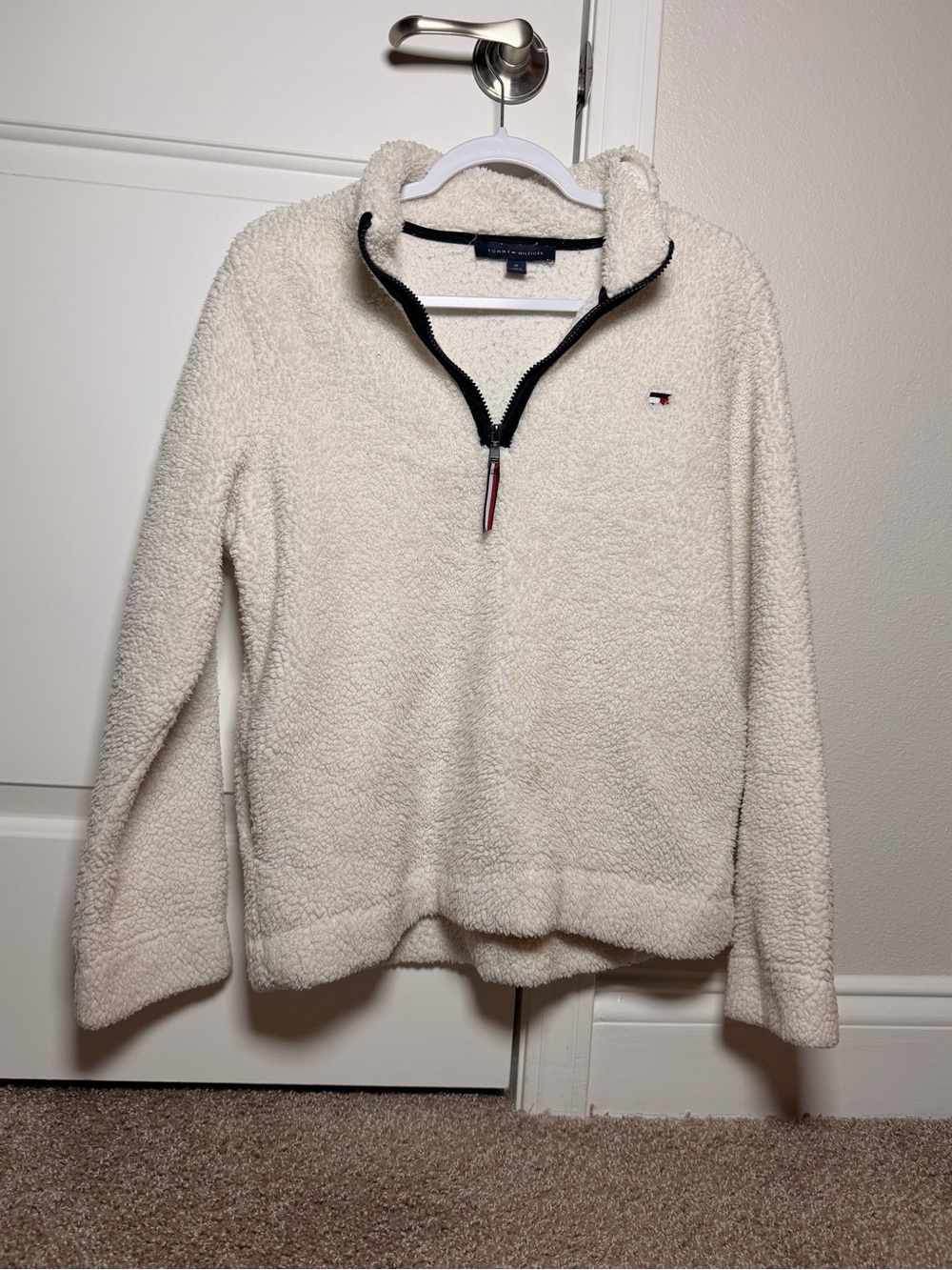Tommy Hilfiger Cream Sherpa Quarter-Zip with Black Trim